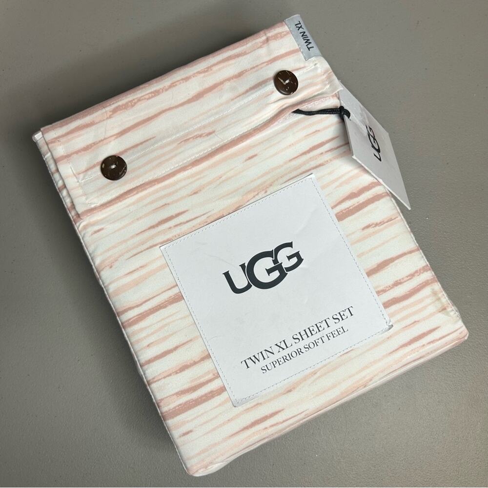 UGG Twin XL Sheet Set Fiorella Rosewater Pink White Stripe Space Dye Print NWT